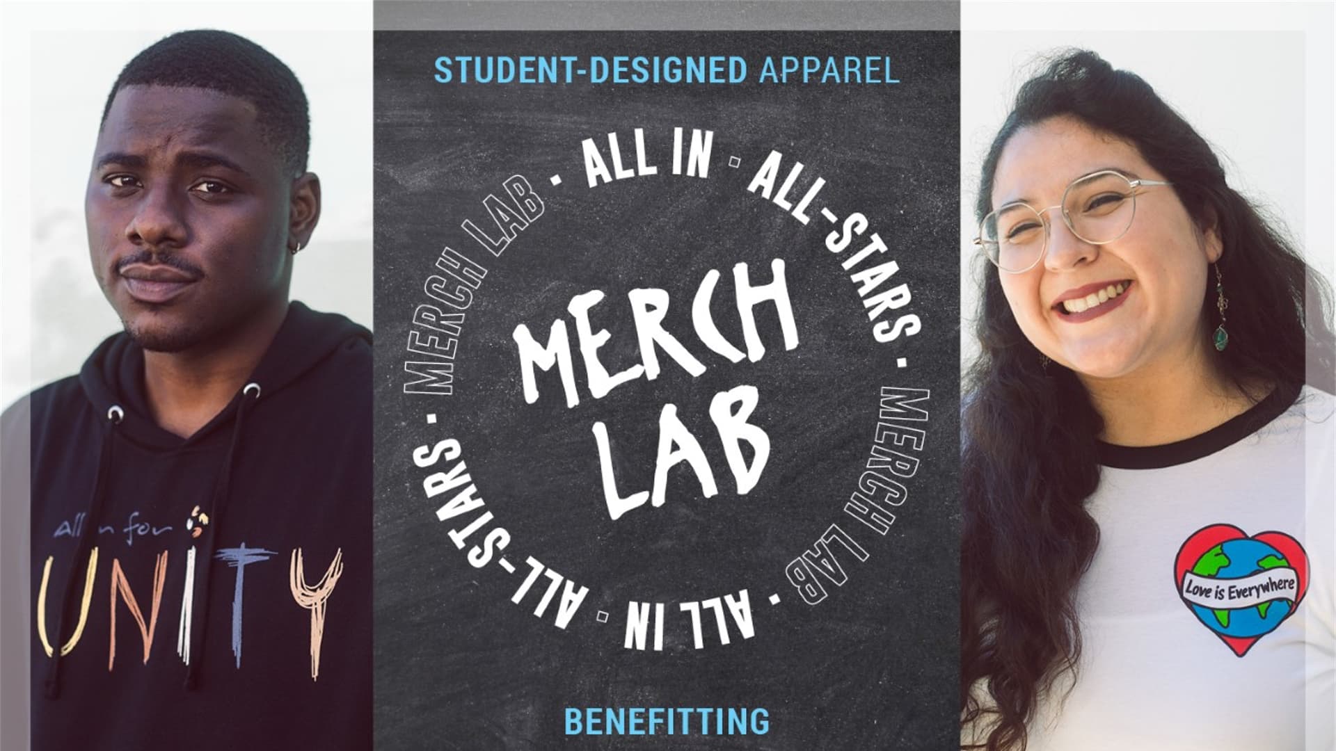 Students wearing merch lab apparel with Merch Lab graphic